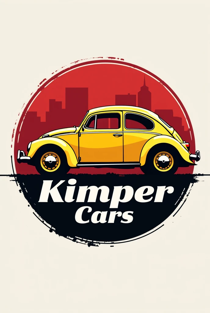 Logo of automotive workshop, lubrication center and tire shop , Kimper cars with letters that say Kimper cars with a yellow beetle car letter color. Red and black for a logo sign I want logo type