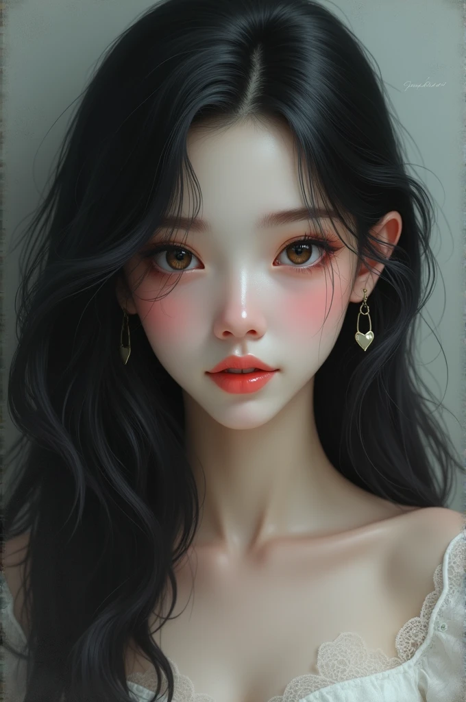 A girl with long black hair, white, thin and small nose, round ears, brown dark eyes, medium lips