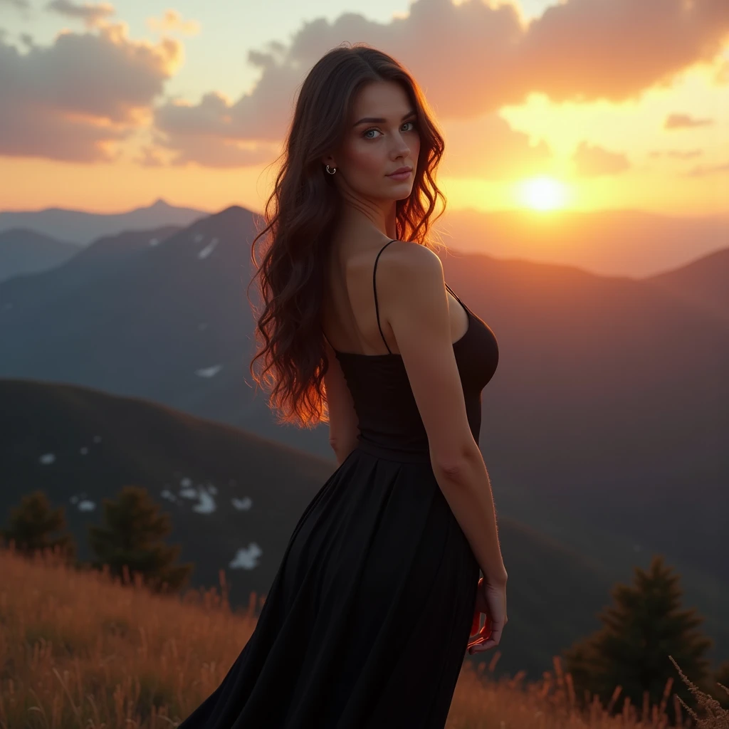 beautiful Ukrainian model posing behind a sunset in a mountain, very realistic, details, blue eyes, brunette, big breasts, in a black dress, very realistic (chef-d'œuvre, Photoréaliste:1.4, extrêmement complexe:1.3), (cartographie des photons, radiosité, Rendu physique, ultra résolution, hyper réaliste, 8k),