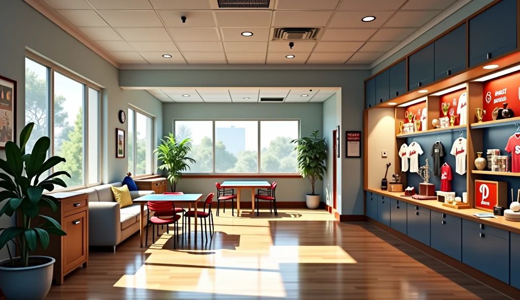 This American-style dormitory is home to baseball players. The first floor common area is bright and spacious, with a living room, kitchen, and a display case filled with baseball memorabilia.