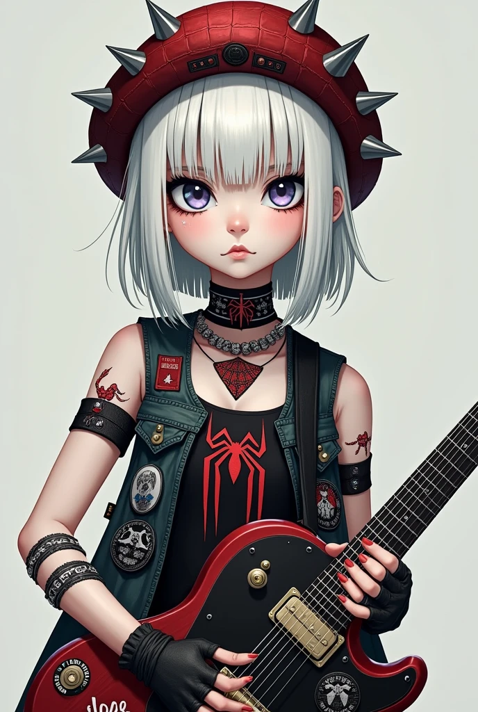 pale colored girl, has white hair, straight hair with bangs, She has piercings on her face, the left eye white color, the right eye black color, He has a spiderman hat with spikes, has punk spiderman clothes, He has a vest with several rock stickers on it, He has an electric guitar, He has in his hands some cut-out gloves