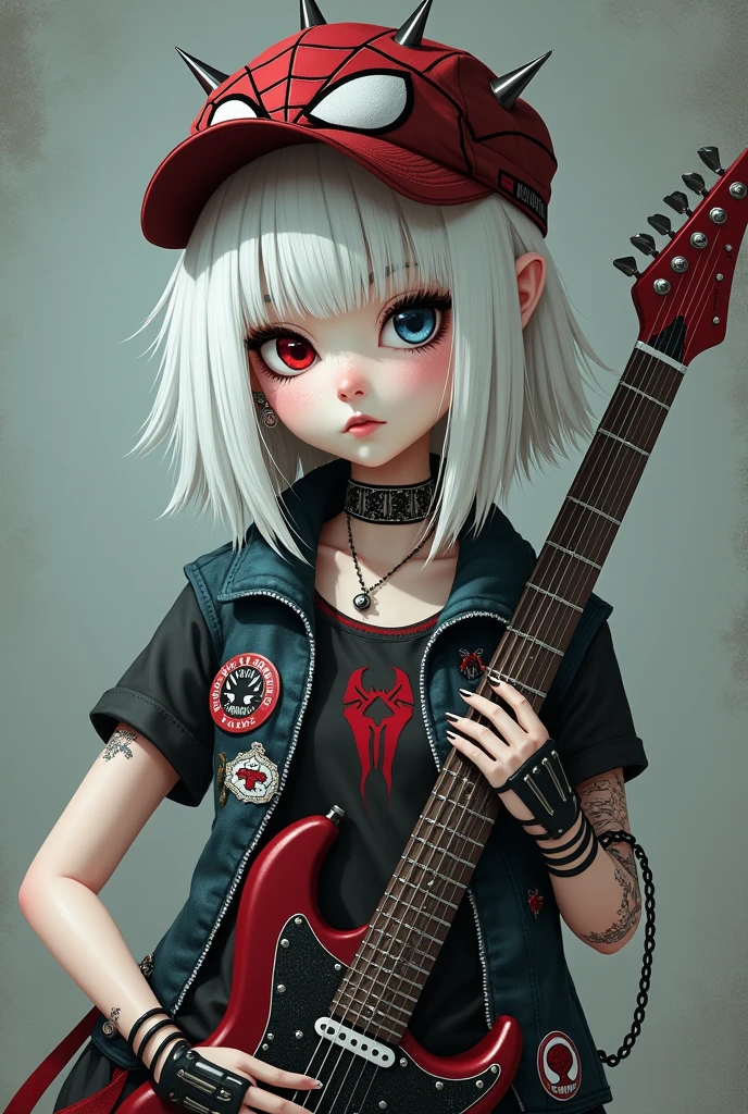 pale colored girl, has white hair, straight hair with bangs, She has piercings on her face, the left eye white color, the right eye black color, He has a spiderman hat with spikes, has punk spiderman clothes, He has a vest with several rock stickers on it, He has an electric guitar, He has in his hands some cut-out gloves