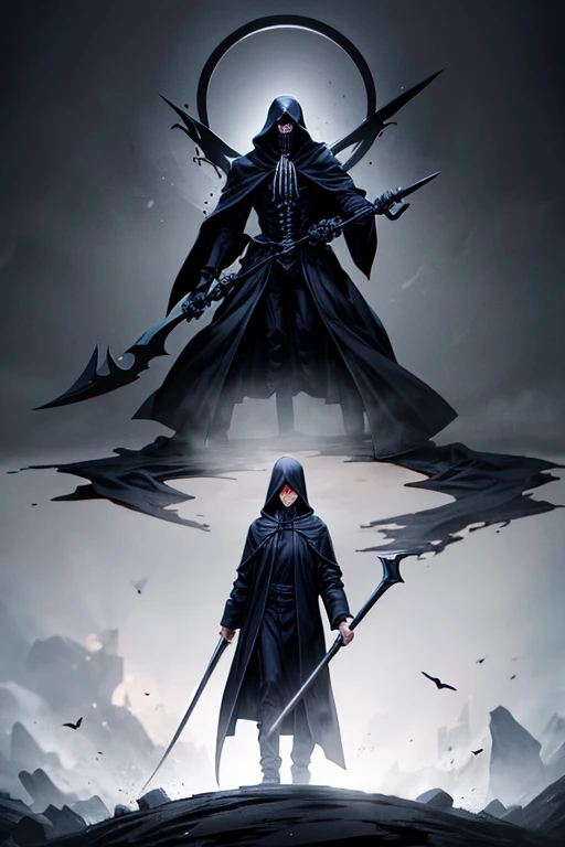 grim reaper, skeleton in black robe holding a long scythe, frightful