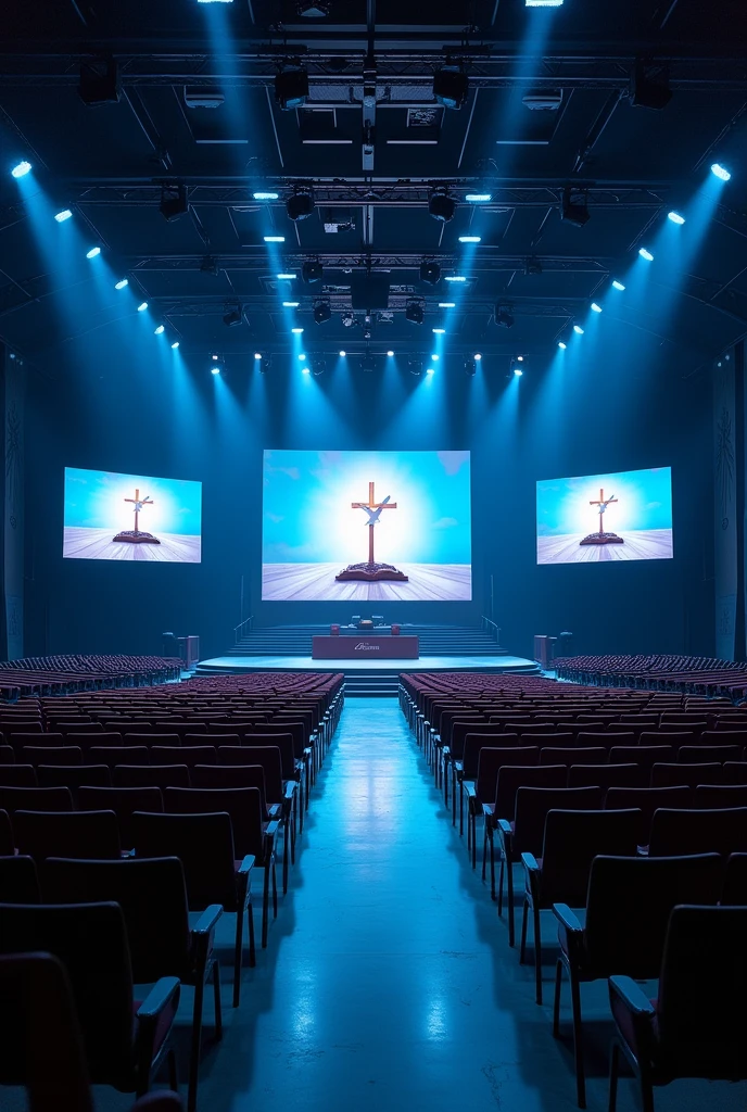 A very huge and wide rectangualar meeting hall, with many rows and Columns of chairs devided with 4 walk ways,blue and white light in the building,ceiling with many spot lights, A wide Huge rectangular stage at a far end, background of the stage "a full screen shoing A light shining out from a bible cross on the top of the bible and a dove on the top of the cross", Tv screen hang down on the middels of ceiling infron of rows