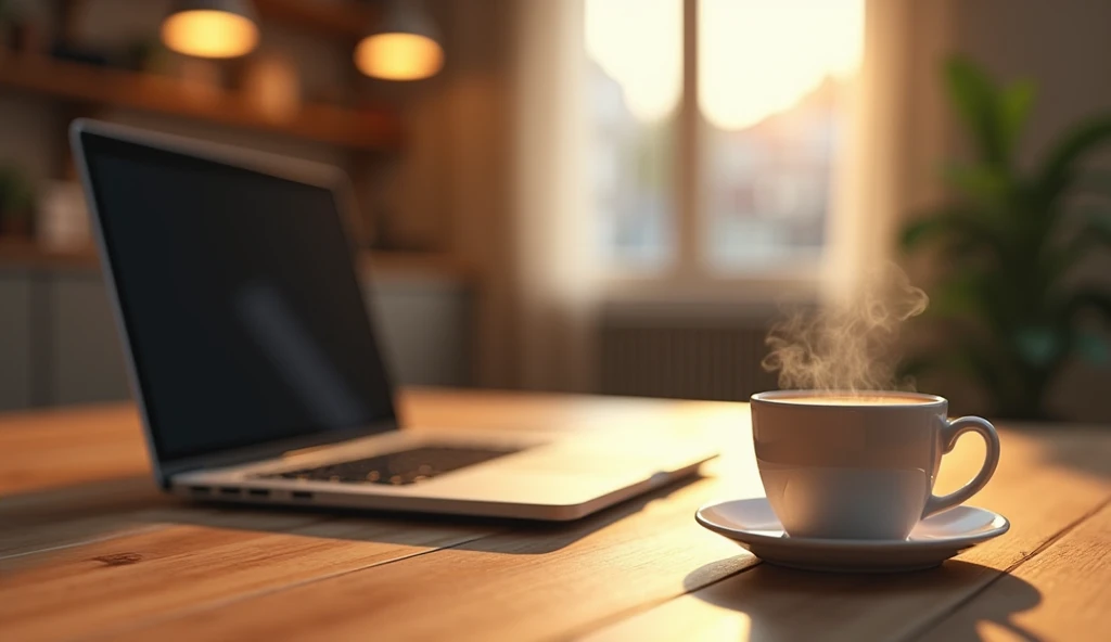 Table with laptop and coffee in forward