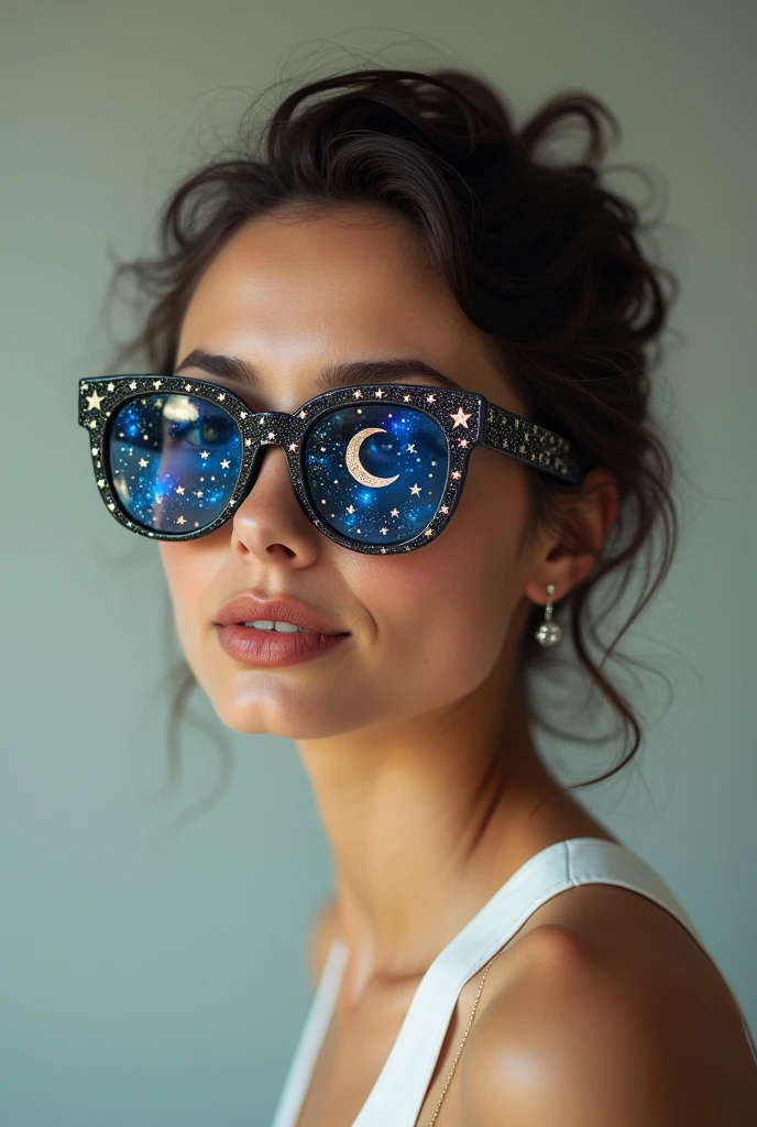 The model is wearing glass sunglasses with stars and the moon on the glass