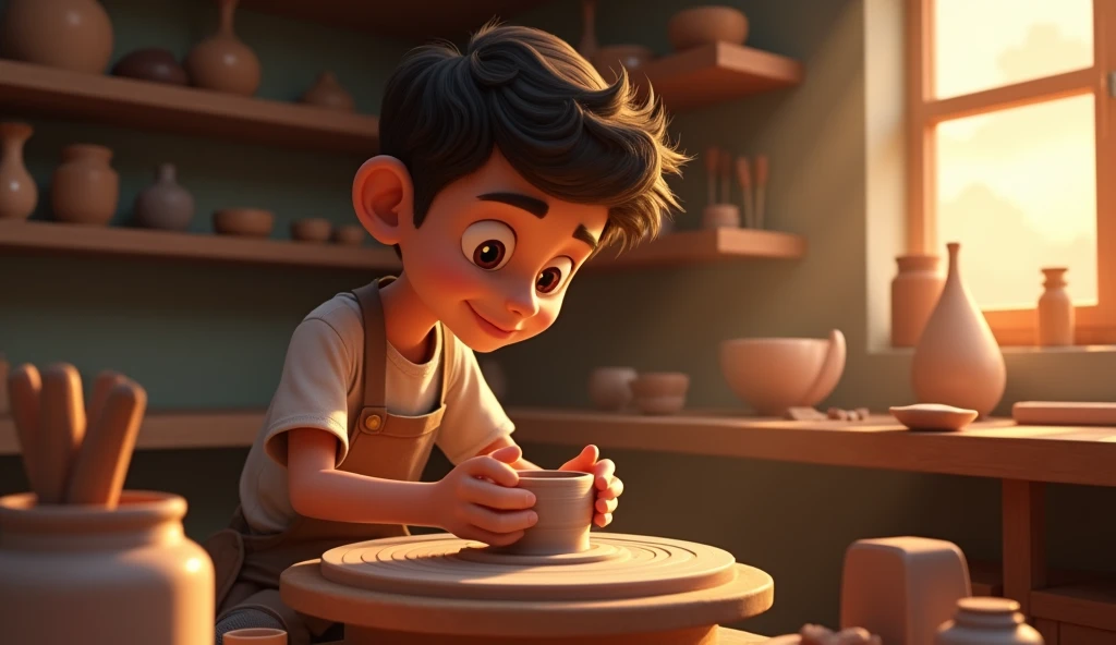 ((8k)), ((best qualityer)), ((work of art)), (detailded), samuel, a young craftsman, is in his little workshop in the mountains. He is focused on shaping a piece of pottery on his pottery wheel., with his skillful hands gently moving the wet clay. The workshop is modest, with shelves full of other craft parts and tools. Ao fundo, The soft light of the sunset enters through the window, creating a welcoming and peaceful environment. O estilo 3D Disney Pixar destaca a textura suave do barro e as expressões focadas e tranquilas de samuel.