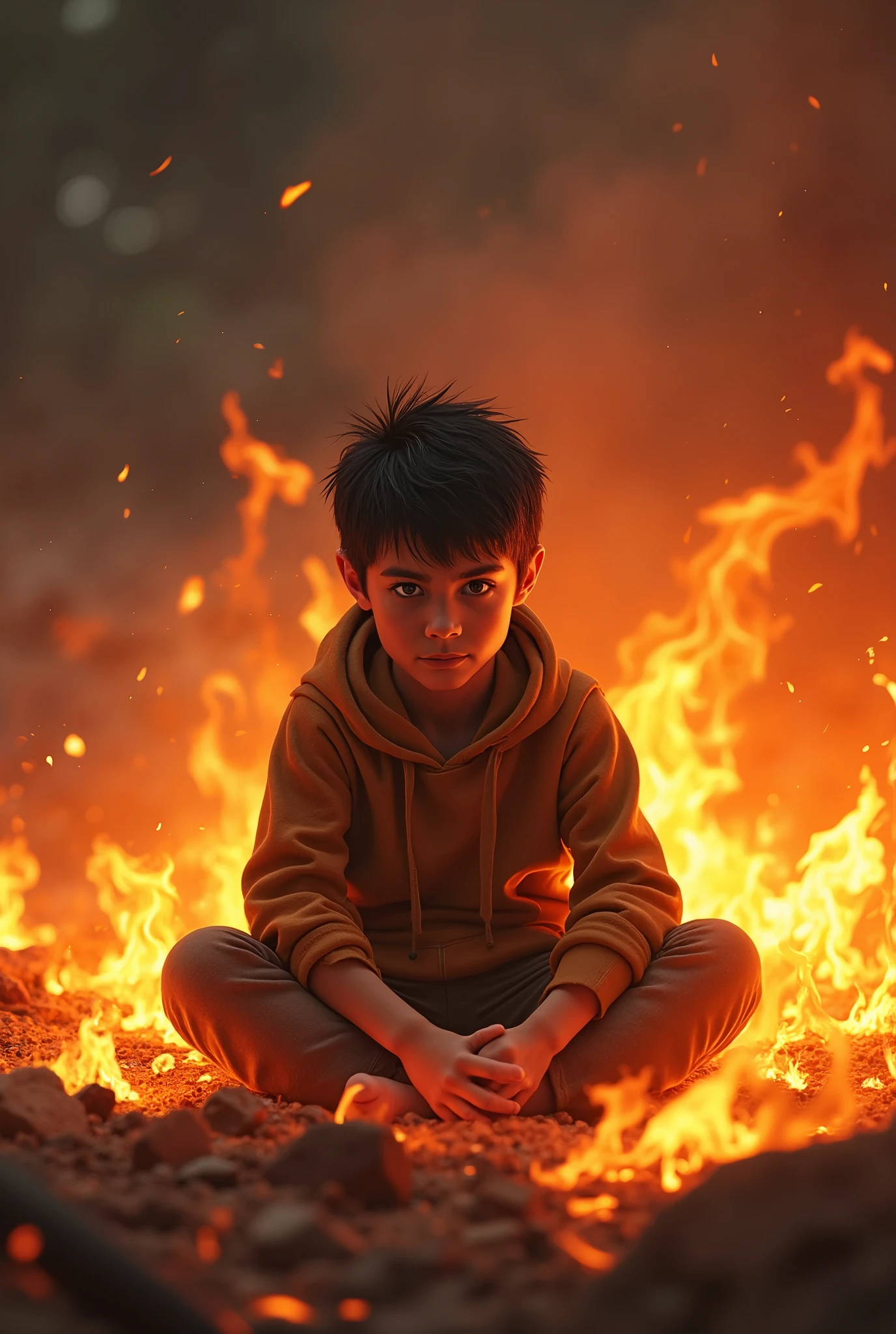 A boy sitting in the fire with braveness