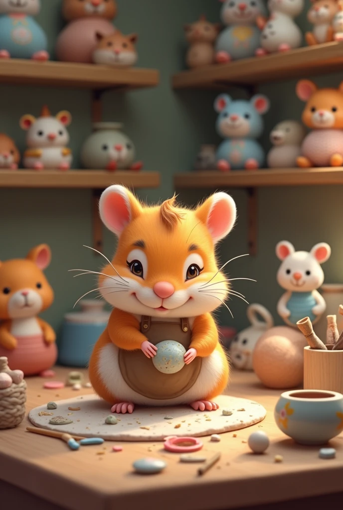 A hamster working with ceramics making dolls and animals