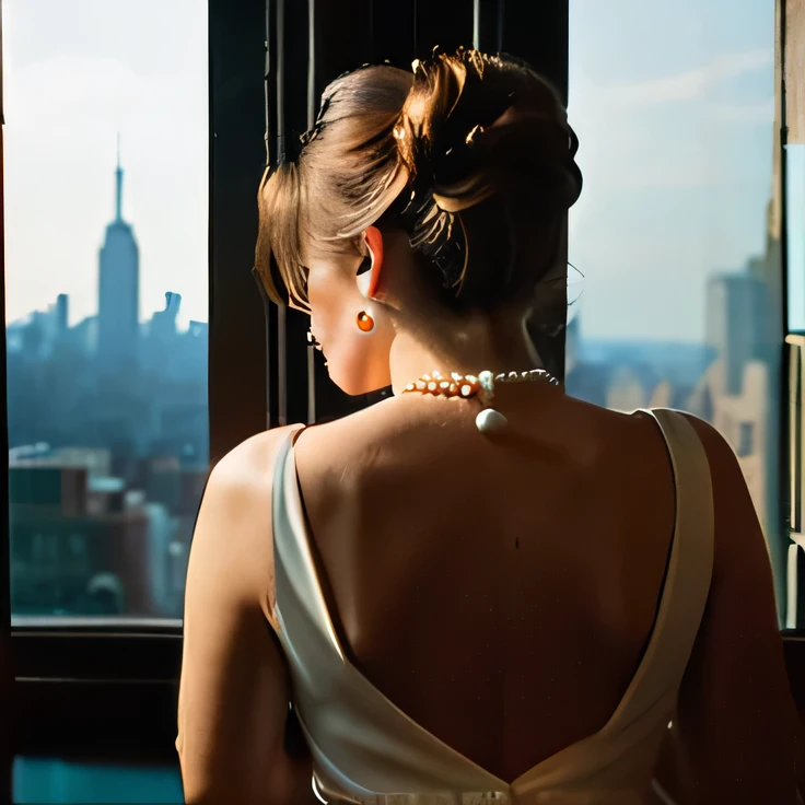 A very elegant woman, with her back turned, wearing an Italian chignon, a white dress with an open back and a pearl necklace, standing in front of the window of Tiffany's in New York City, and High resolution, from behind, from outside, Focal length 85mm, Hasselblad, vignetting, chiaroscuro, cinematic lighting,