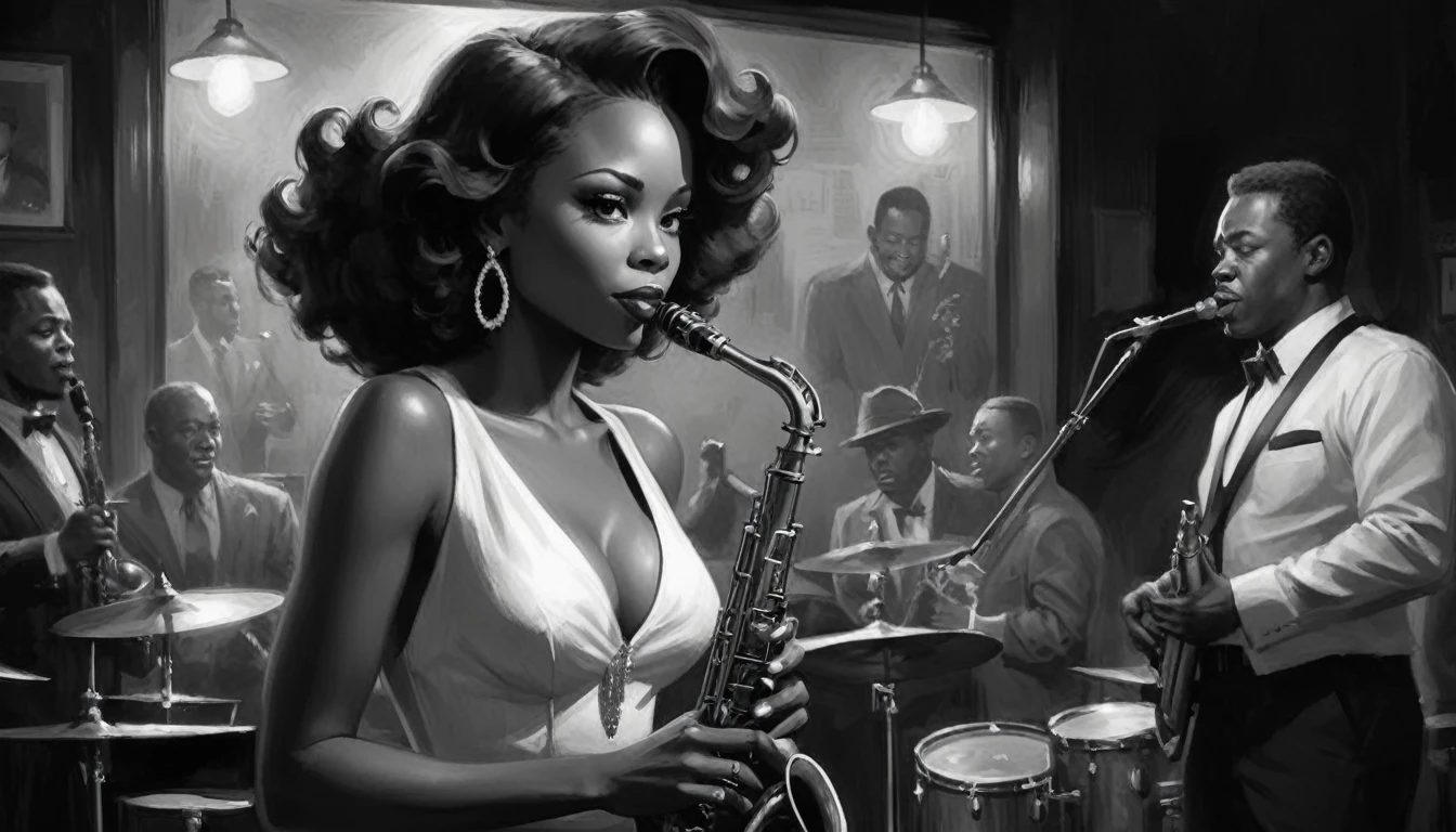 alabama bar, blue note, charismatic, baterist, guitarist, saxophonist, jazz band, bw, illustration, noir fantasy, singer lady, 