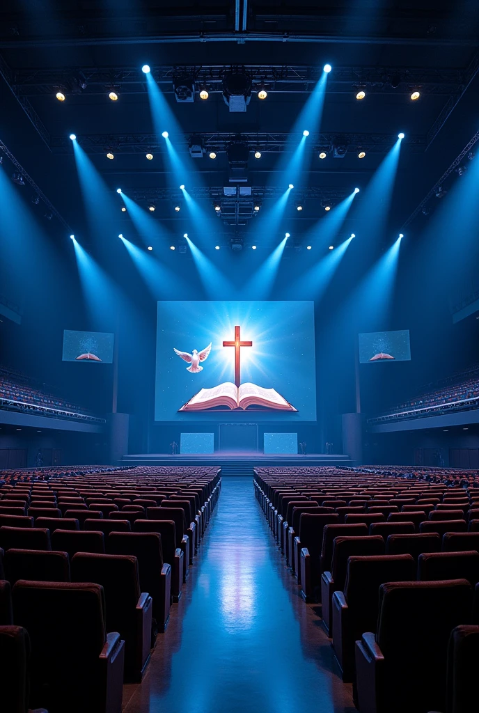 A very huge and wide rectangualar meeting hall, with many rows and Columns of chairs devided with 4 walk ways,blue and white light in the building,ceiling with many spot lights, A wide Huge rectangular stage at a far end, background of the stage "a full screen shoing A light shining out from a bible cross on the top of the bible and a dove on the top of the cross", Tv screen hang down on the middels of ceiling infron of rows