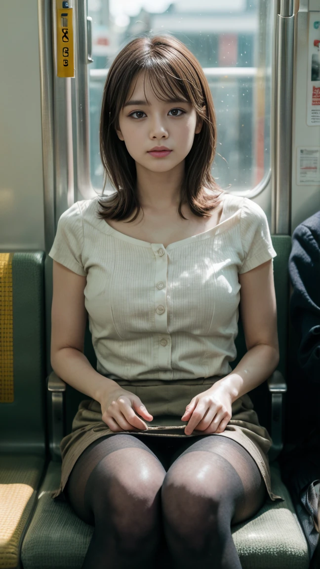 (masterpiece, Highest quality, 8k, RAW Photos, beautifully、beautiful:1.2), Intricate details, indirect lighting, Realistic, whole body, Sitting on a chair on the train、Gazing at the audience、Voyeur、 Square neck button-down linen sundress, (Ultra-realistic pantyhose)、 Women&#39;s training , Chair to sit under skirt,Ultra-high resolution,8k,Bokeh,Sharp focus,Super detailed face,Spaniards,Beautiful feet,thin,(Medium chest),Super Detail Eyes
