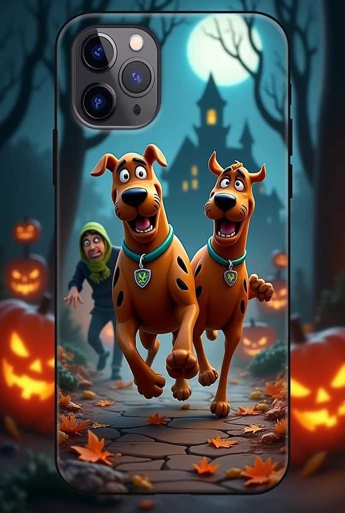 Halloween themed iPhone case with the main image of Scooby Doo and Shaggy Rogers in the middle, with a scared facial expression running away from horror characters Vampires, werewolves, mummies. Behind the character image is an autumn scene with fallen leaves, pumpkin lanterns and a haunted house in the background, the case material is silicone, realistic 3d characters, The case is set in a Halloween theme scene