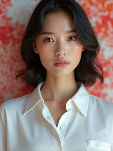 a pretty woman, dressed in white shirt, full body portrait, nice perfect face with perfect face, hyper realistic concept, ((background colorful fractal wallpaper)) 8k resolution, photography quality, posing for a photo, photo realistic,
