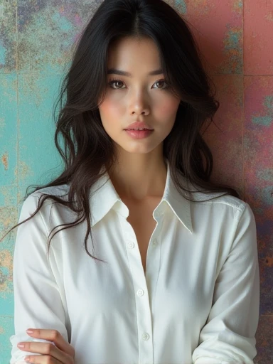 a pretty woman, dressed in white shirt, full body portrait, nice perfect face with perfect face, hyper realistic concept, ((background colorful fractal wallpaper)) 8k resolution, photography quality, posing for a photo, photo realistic,