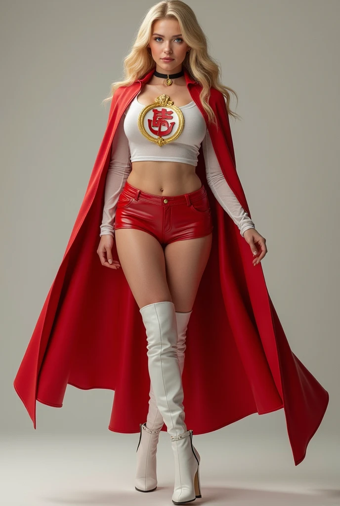 A SEXY BUSTY TEEN FEMALE WEARING A 1970 BLUE OPEN V BUTTONLESS FULL LENGTH PLEASANT BLOUSE WITH A SMALL "S"EMBLEM ON THE RIGHT SIDE OF HER CHEST, A PAIR OF RED SHORTS WITH A YELLOW BELT, TALL RED HEELED BOOTS, A BLUE CHOKER, AND A LONG FLOWING RED CAPE.