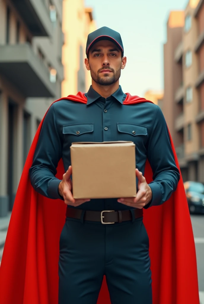 A delivery man with a superhero cape, tenant un colis.