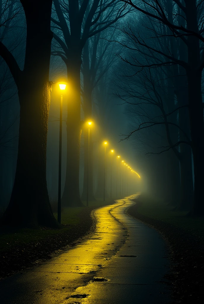dark road with several lampposts lit with yellow light in a dramatic setting