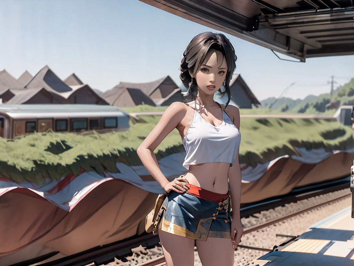 There is a beautiful 1girl standing on the train tracks, train signals, landscape artwork, anime background art, loepfe art, detailed scenery, landscape art detailed, loepfe art style, beautiful anime landscape, made with anime painter studio, background artwork, anime country landscape, beautiful art UHD 4 K, anime art wallpaper 8 K, anime landscape, smiling at camera, tank top, mini skirt, boots,very busty