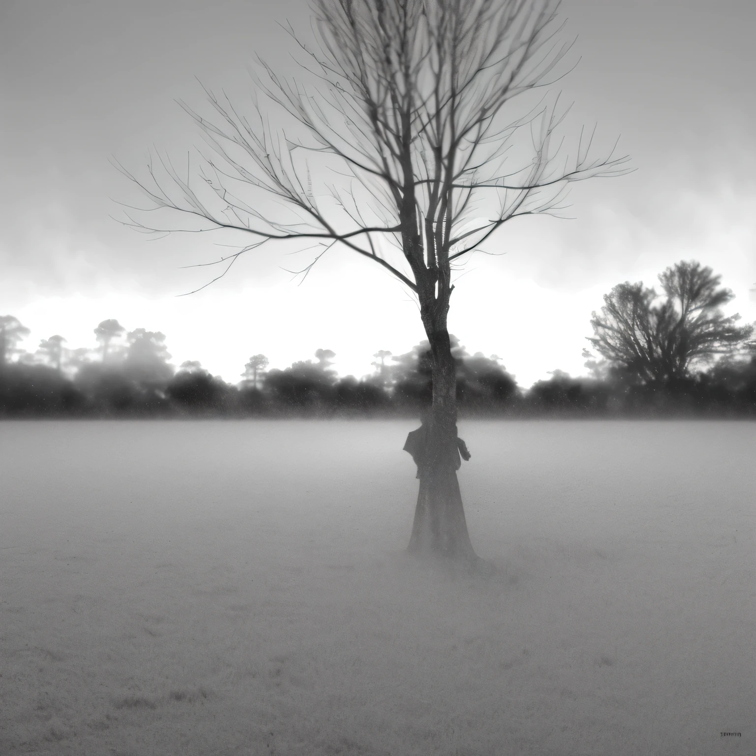 Hay una foto en blanco y negro de un robot de pie en la fog, hiding behind a tree, inspired by Chris Friel, by Chris Friel, surreal scene, foggy and spooky, dense volumetric fog, eerie fog, fog misteriosa, volumetric fog, fog, Surreal vision, ambient occlusion render, low visibility creepy