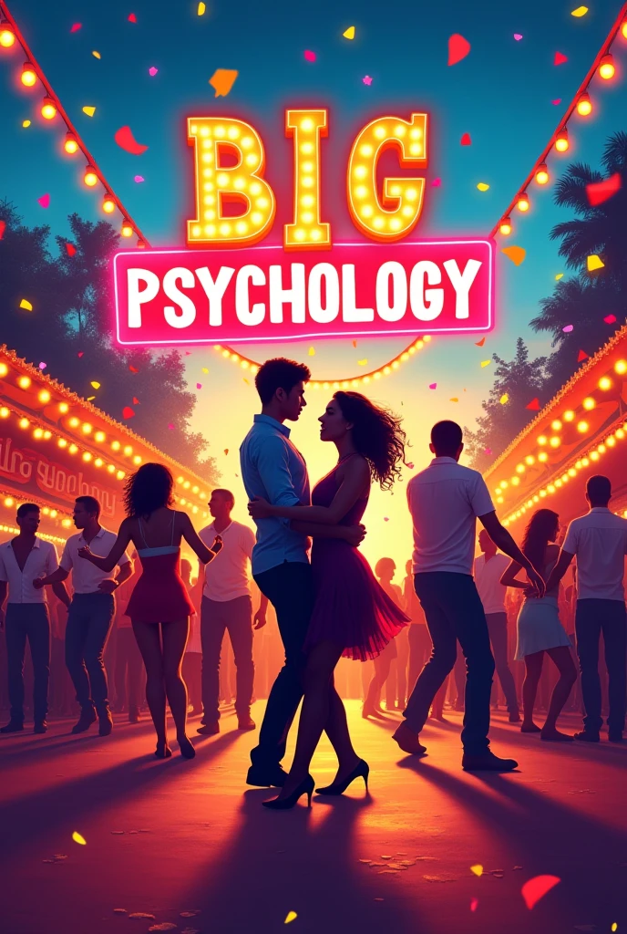 Make me a POSTER image in vertical format (because it's for an Instagram story), that it be very colorful, that it expresses happiness and that you see people dancing salsa on the Cali fair , and say big PSYCHOLOGY Say big PSYCHOLOGY!