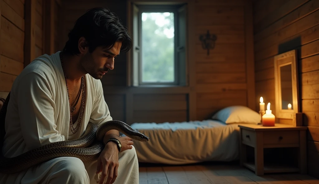 (photorealism:1.2), Man in dhoti kurta, sitting on a chair in front of a table, Mirror on the table, wearing a white kurta, white dhoti, man black hair, inside a dark rented old wooden room, only a candle light, wooden walls, first floor room, night, open window with moonlight, bed with white sheet and pillow on, scared pose, a cobra around his left arm on a chair, realistic, intricate details, warm colors