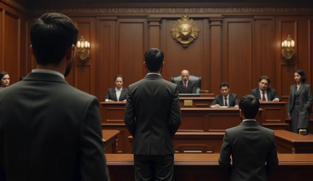 "A courtroom scene with a judge and a jury, a person speaking calmly at the stand, while another looks on with a calm but determined expression, highlighting justice and reconciliation, ar 16:9"