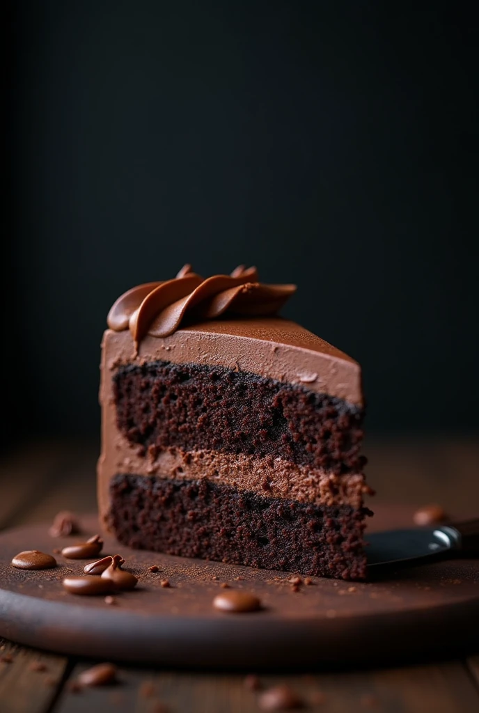 cinematic film still chocolate, chocolate cake, dark background, quality photo, moist texture, frosting, studio photo, slice . shallow depth of field, vignette, highly detailed, high budget, bokeh, cinemascope, moody, epic, gorgeous, film grain, grainy