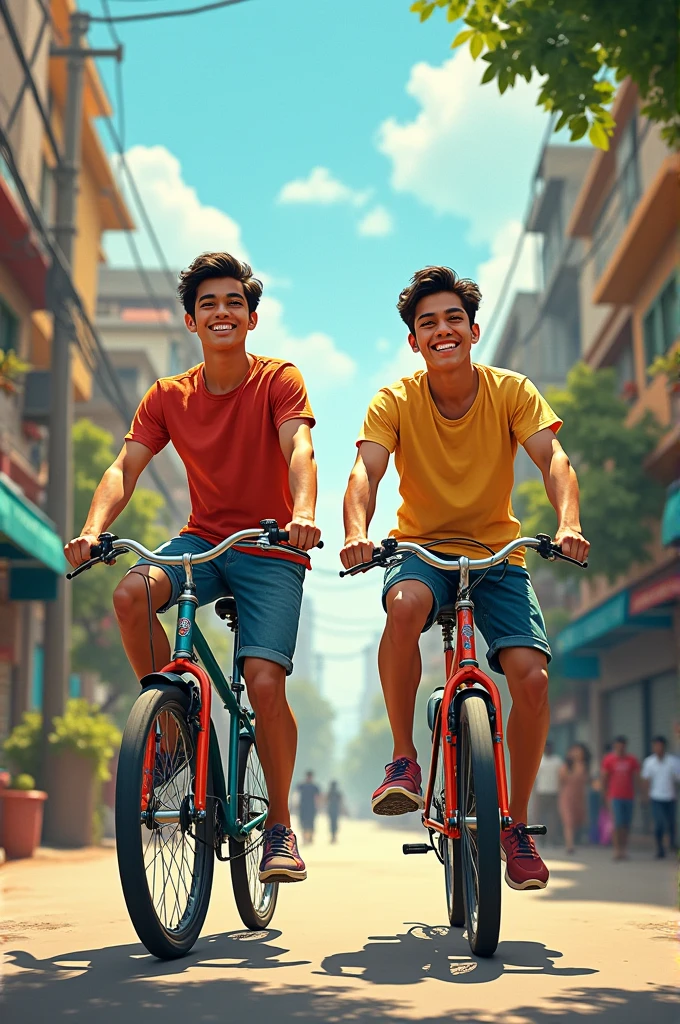 Sunny and the narrator on their bikes: Two young men, Sunny and the narrator, riding their bikes joyfully through the city streets of Latur.