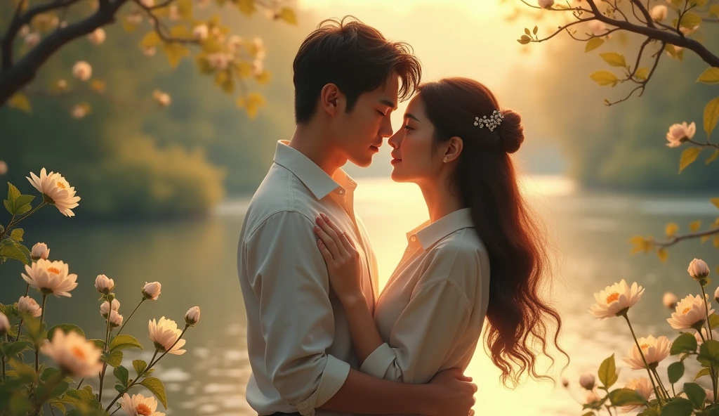 **Mood:** Tender and serene, with an emphasis on the connection and closeness between the couple. The scene should evoke a sense of timeless romance and tranquility