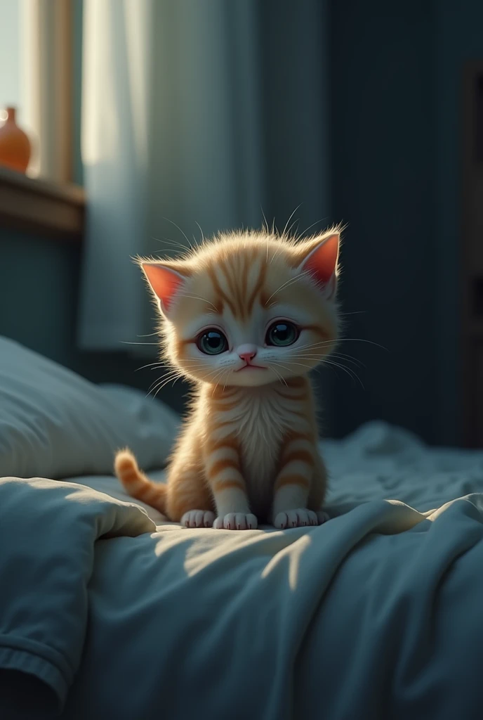 The kitten is very sad and cries in his room 