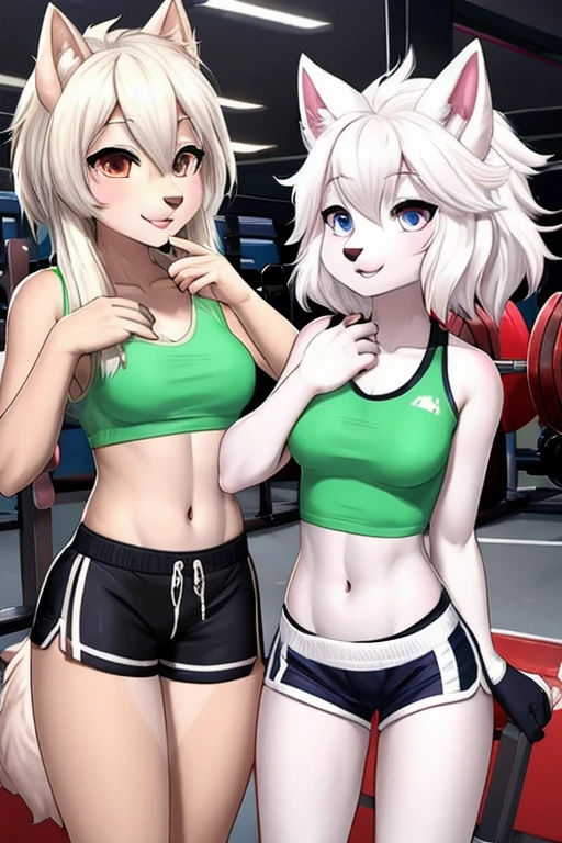 furry, curvy wolf woman, white wolf, wearing a crop top and shorts, green eyes, short white hair, in gym