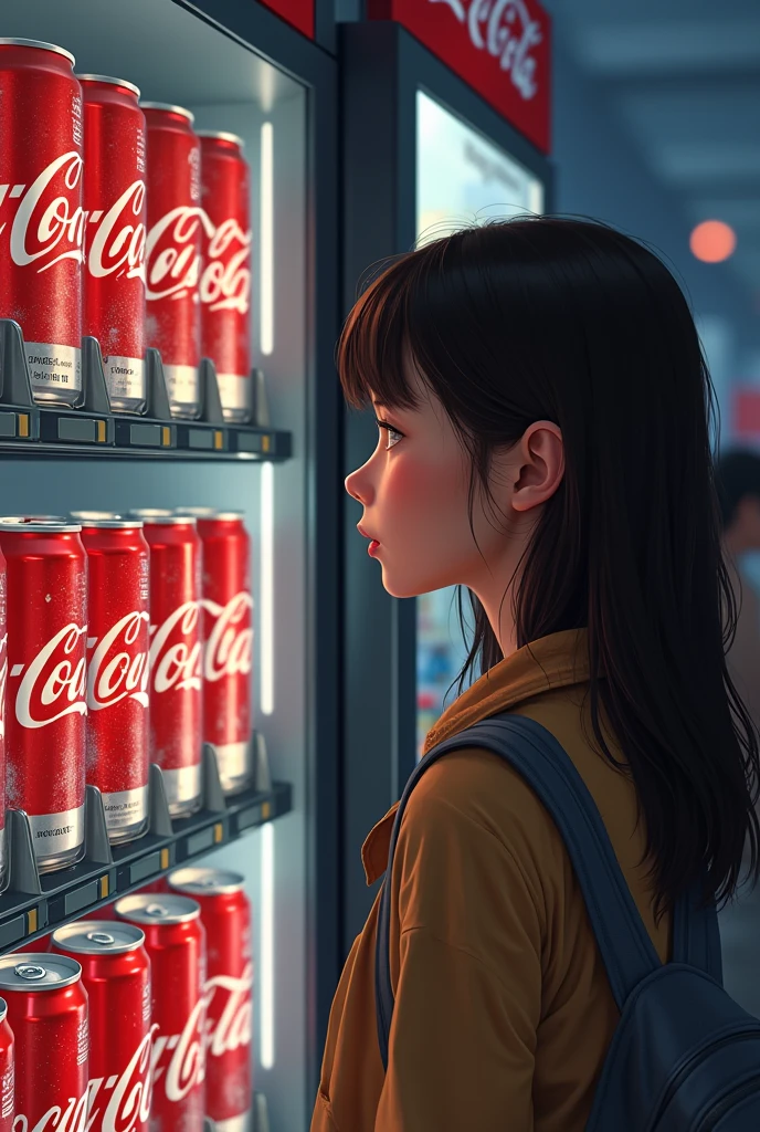 A ager walking past a vending machine full of Coca-Cola, stopping to gaze at it with a craving expression