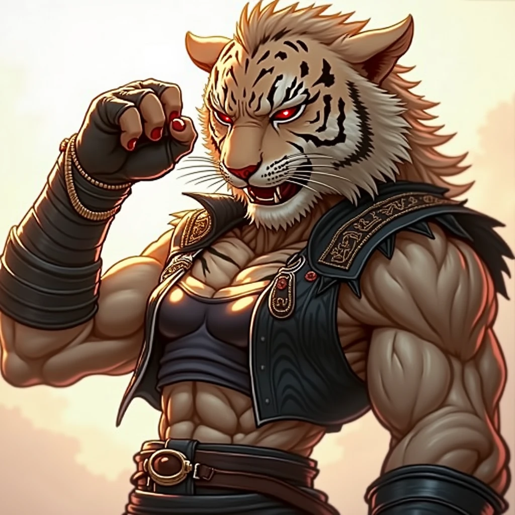 tigre ,with warrior pose ,with white hairs ,wearing black medieval clothes ,angry ,Eyes red ,with short hair, chic