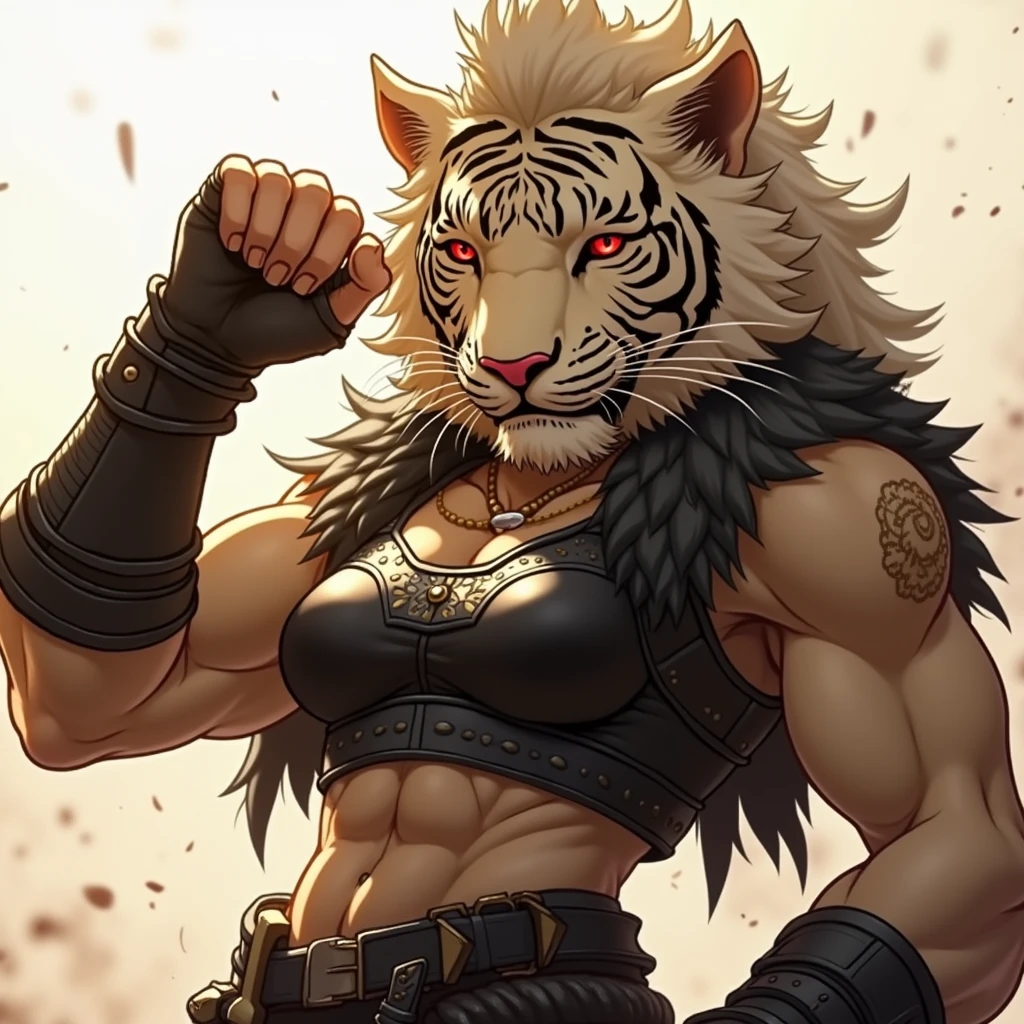 female tiger, with warrior pose ,with furs brancos ,wearing black medieval clothes ,angry ,Eyes red ,with short hair, chic, with fur 