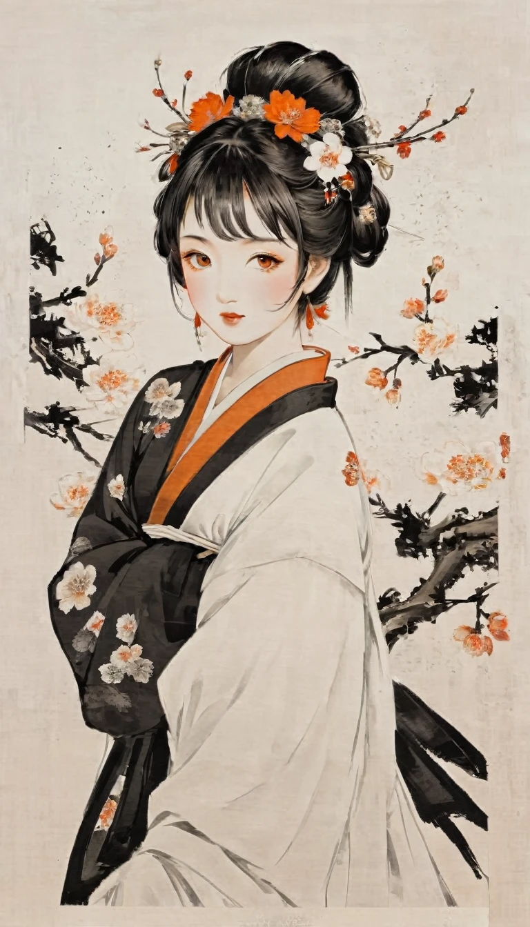 Round canvas, young japenese girl, beautiful face, charming face, masterpiece, black and orange colour tones, a little red, pure white background, do not fill all picture, wabi-sabi art, ukiyo-e art, abstract, punk collage, urban punk, flower punk, calligraphy punk, cyber punk, decorative detail pattern, sakura pattern, random splash paint, random textures, random graffiti strokes, kanji characters, surreal artwork, Impermanence