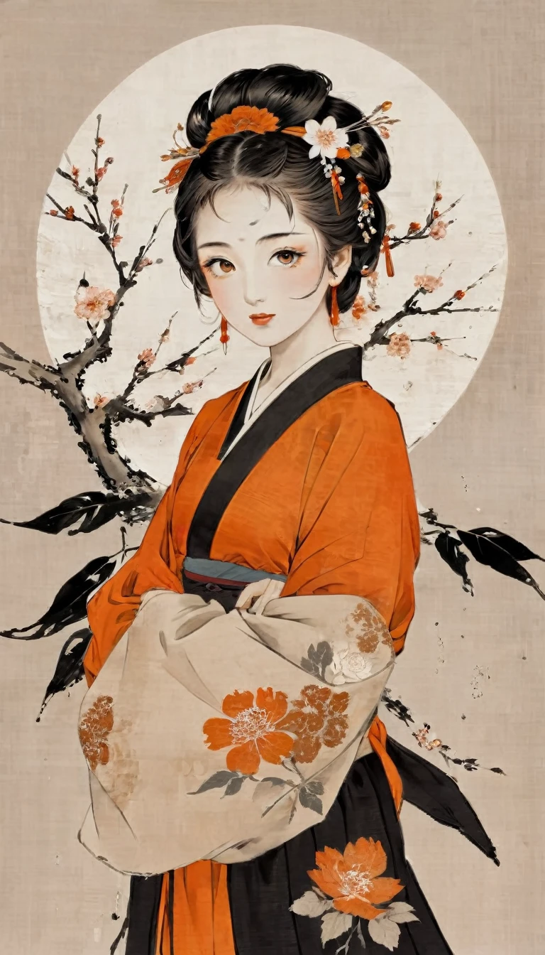 Round canvas, young japenese girl, beautiful face, charming face, masterpiece, black and orange colour tones, a little red, pure white background, do not fill all picture, wabi-sabi art, ukiyo-e art, abstract, punk collage, urban punk, flower punk, calligraphy punk, cyber punk, decorative detail pattern, sakura pattern, random splash paint, random textures, random graffiti strokes, kanji characters, surreal artwork, Impermanence