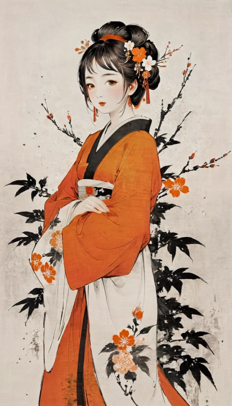 Round canvas, young japenese girl, beautiful face, charming face, masterpiece, black and orange colour tones, a little red, pure white background, do not fill all picture, wabi-sabi art, ukiyo-e art, abstract, punk collage, urban punk, flower punk, calligraphy punk, cyber punk, decorative detail pattern, sakura pattern, random splash paint, random textures, random graffiti strokes, kanji characters, surreal artwork, Impermanence