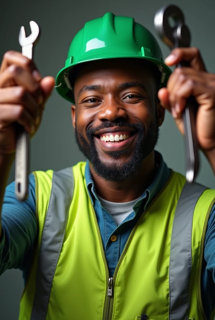 Generate three quater view of smiling african maintenance man in green reflector and green helmet with tools lifted up