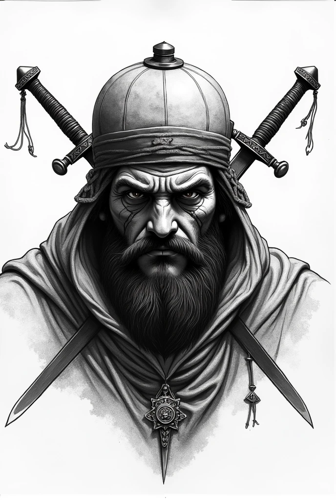 An Ottoman Janissary head with Janissary hat which is aggressive with a long scar over the whole face with 2 aliviten scherter as background with Islamic takke behind the head black and white drawn with a pen