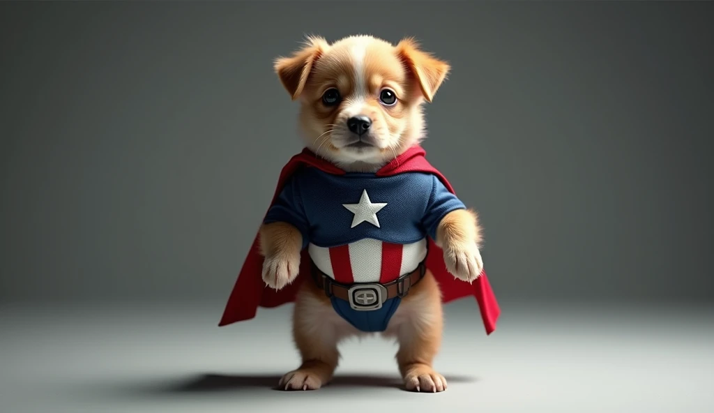 a baby DOG standing upright like a human hand at the side perpendicular wearing CAPTAIN AMERICA costume, full body from top to toe, facing camera, high resolution, high quality, realistic, cinematic, HD, 8k