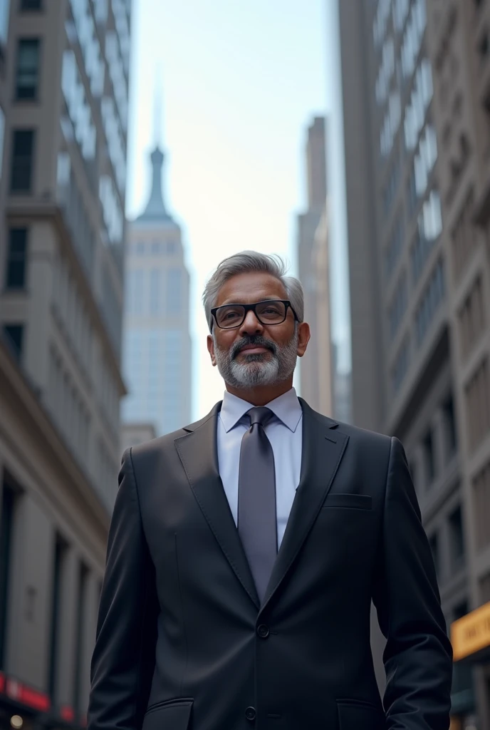 An indian man who has made one million in stock market with wall street building in background
