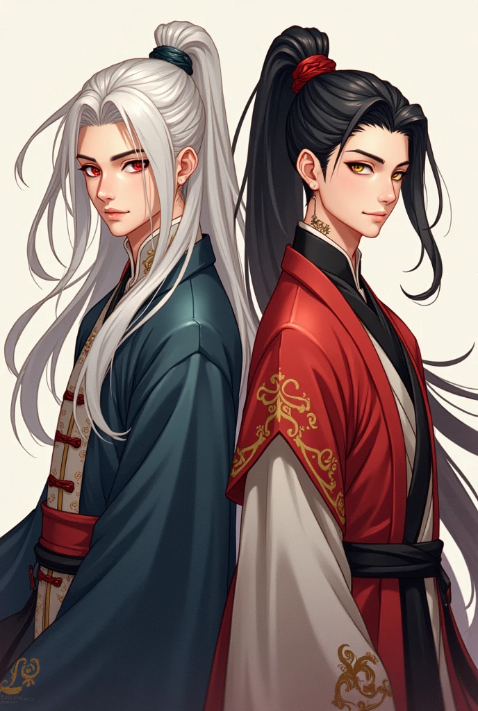 Create an image of: first, a man in his twenties, androgynous-looking, long white hair, Eyes red, slim body, wearing traditional Chinese clothing, in anime style. Segundo, a man in his twenties, manly appearance, long black hair tied in a ponytail, gold eyes, slender and fit body, wearing traditional Chinese clothing, in anime style.