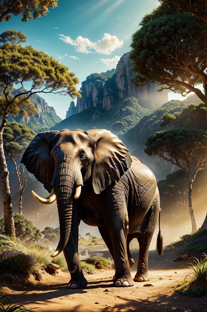 a majestic lone elephant, wrinkled skin, warm sun, mesmerizing golden glow, painting, solitude, playful exploration, harmonious yet striking composition, vibrant colors, exquisite attention to detail, photorealistic, 8k, highest quality, detailed lighting, dramatic cinematic lighting, fantasy landscape, concept art, vibrant colors, lush foliage, magical realism, intricate details