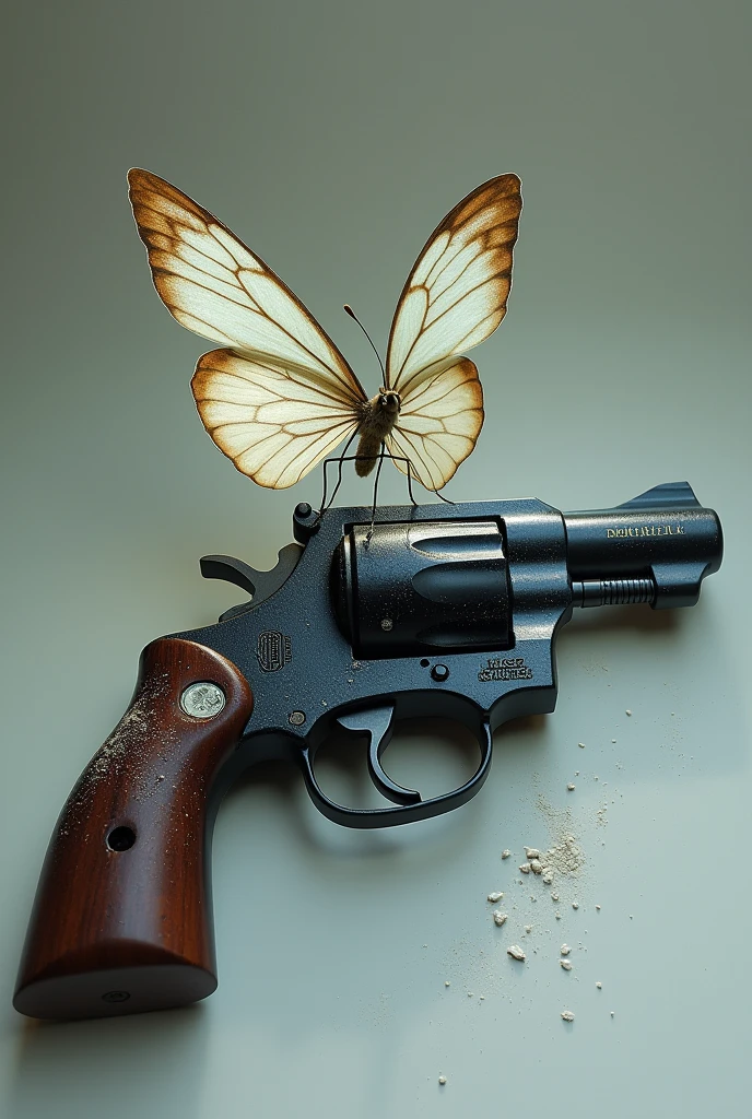 A delicate butterfly perched on a revolver, with traces of white powder on its wings and around the weapon. The image reflects the fragility of life and the violent death associated with drug trafficking..