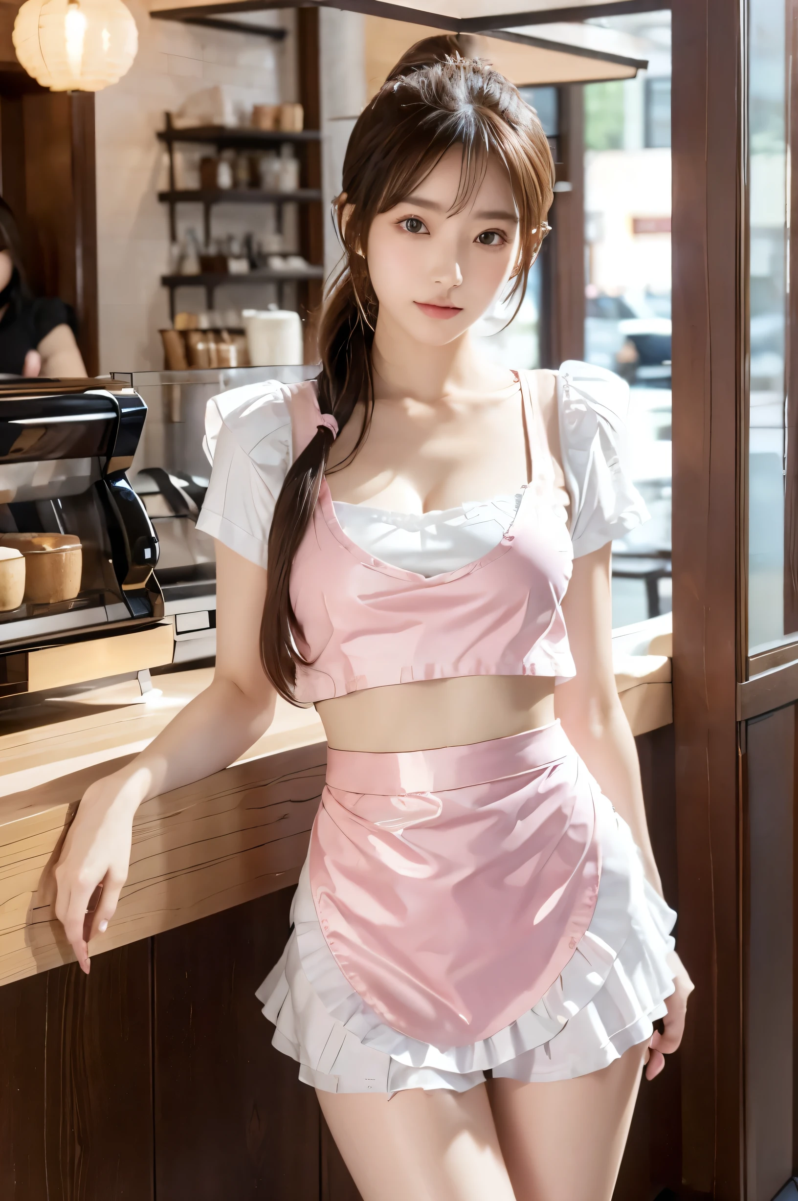 (Ultra HD), (Looking at me), (The whole body is shown), (Pink waitress:1.2, Apron with white frills), Super beautiful breasts, Big Breasts, slender, Narrow waist, (Thin legs:1.2), (Thin thighs:1.2), (Thin Hips:1.4), (Beautiful Skin, Shiny skin, White skin), (Super slim face, Super beautiful face, No makeup, Smile:0.6), (light brown, ponytail, Layered Cut, Fluffy hair), (double eyelid, Slanted Eyes), Small Nose, Thin lips, Are standing, Coffee shop