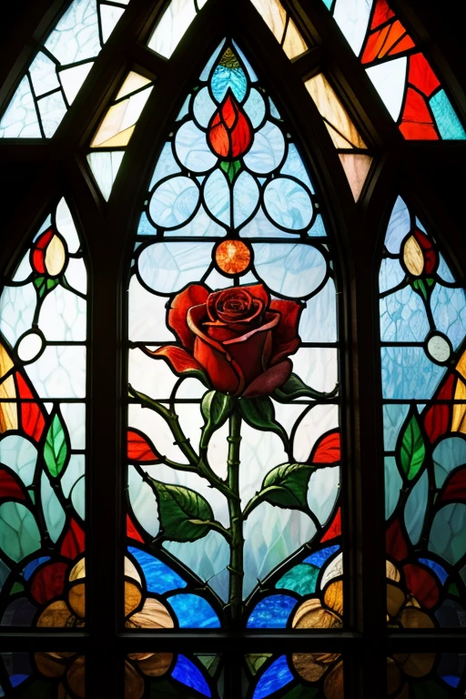 Draw a rose surrounded by thorns on a stained glass window 