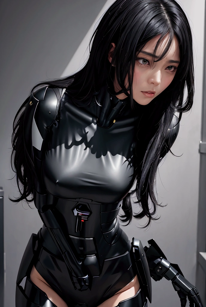 Long black hair and a slim waist Black Mecha Suit naked Looking down at me while crying
