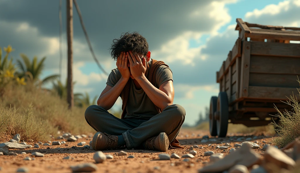 ((8k)), ((best qualityer)), ((work of art)), (detailded), Samuel is sitting on the dirt road, with hands on face, Derrotada. Around her, the shards of his creations are scattered, and the cart is lying on the side. He looks lost and discouraged, looking at the ground with an expression of despair. The sunlight is hiding behind dark clouds, creating a heavy and sad atmosphere. Disney Pixar's 3D style highlights emotional drama, focusing on the details of Samuel's dirty clothes and the deep expressions of sadness.